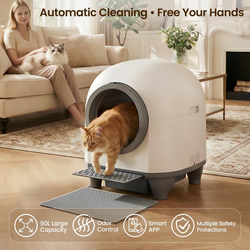 Devoko litiere Chat autonettoyante Automatique, 90L Bac à Litter Automatic Amélioré, bac litiere pour Chat XXL au Design Adorable.Anti-Odeur Longue durée contrôle APP et capteurs de sécurité Inclus - 2