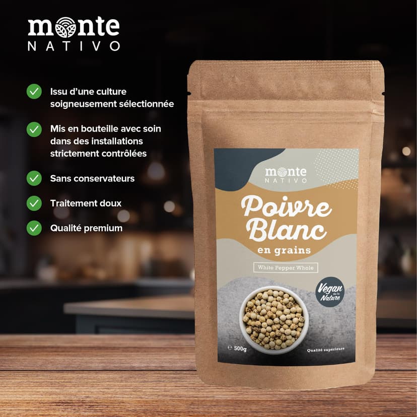 Peppercorns white Monte Nativo (500g) - Whole Peppercorns white - Gently dried and aromatic Spices ideal for Cooking and Seasoning - 5