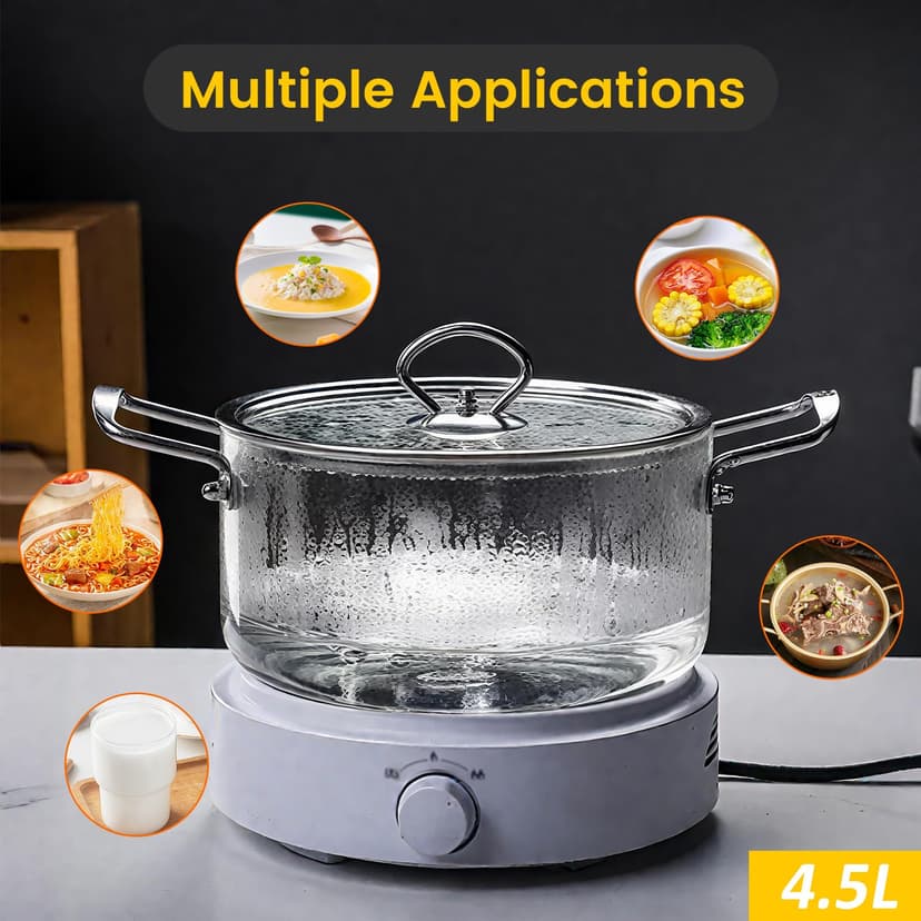 4.5L Glass Cooking Pot with Lid - Heat-Resistant Borosilicate Simmer Pot Soup Pot Transparent Saucepan Stockpot Double Handles for Pasta Noodle Soup Milk Tea and Salad - 5