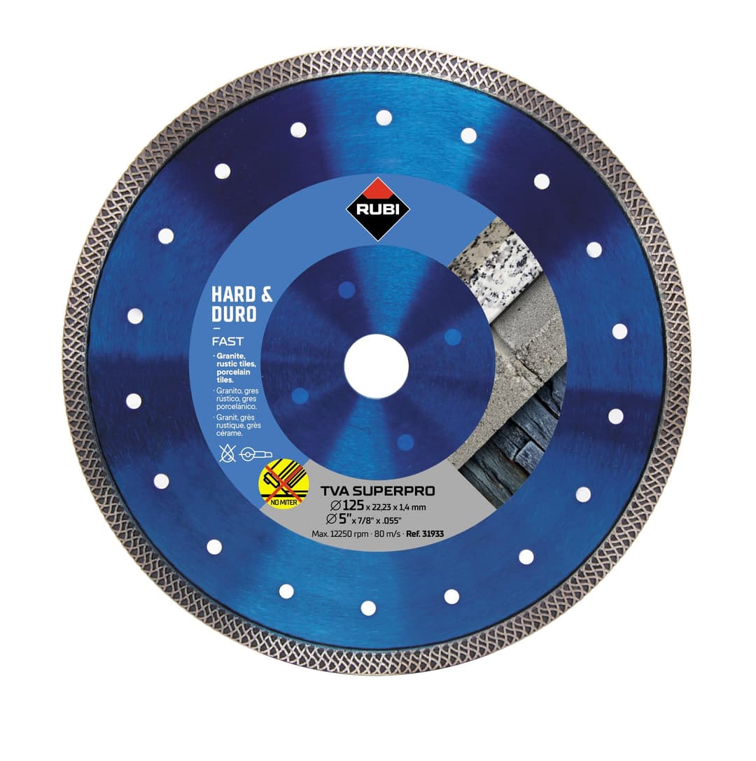 RUBI | Hard Materials Turbo Viper Diamond Blade | Dry Cutting of Granite, Rustic Tiles, Klinker, Refractories, Slate and Porcelain Tiles | Inside D.: 22,2 mm | Outside D.: 125 mm | TVA-125 SUPERPRO