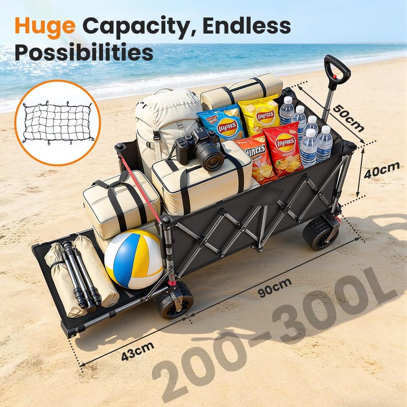 YEAUPE PRO Handcart Foldable 200-300L 150 kg, Foldable Handcart with Parking Brake, 4-Way Folding, Height Adjustable for Camping, Beach Trolley, Garden, Shopping, Black - 5
