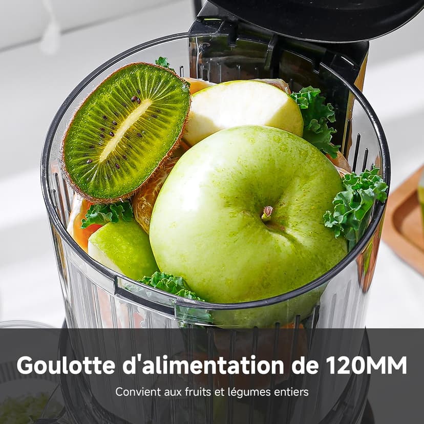 AMZCHEF Slow Juicer – 120 mm wide opening, stainless steel, quiet, easy to clean by hand, cold pressed juicer for fruits and vegetables - 3