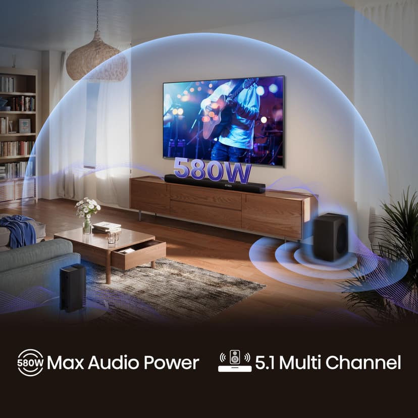 Hisense AX5100Q, 5.1 CH Soundbar,Hi-Concerto,Dolby Atmos, DTS:X, Semi wireless rear surround speakers,6.5" wireless subwoofer, EzPlay - 6