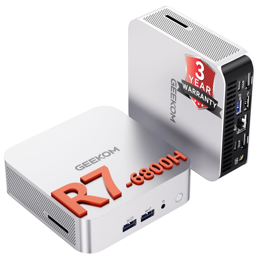 GEEKOM A6 Mini PC avec AMD Ryzen 7 6800H, Radeon 680M(4,7 GHz), 1To SSD 16Go RAM DDR5 (Évolutif, Non-LPDDR), Lecteur SD, Mini Ordinateur de Bureau Windows 11 Pro, Type-C,4 écrans 8K, Boîtier Aluminium - 1