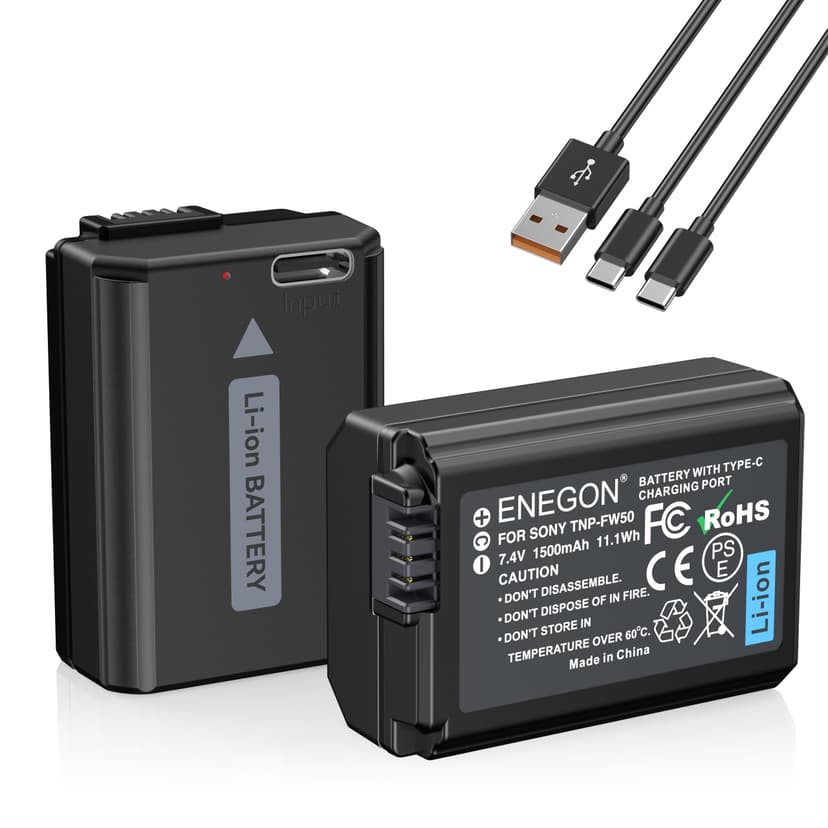 ENEGON NP-FW50 batterie rechargeable 2 Pack 1500mAh avec câble de Charge USB-C 2 en 1 pour Sony ZV-E10, A6000, A6500, A6300, A6400, A7, A7II, A7RII, A7SII, A7S, A7R, A55, A5100,A5000, A3000, A55, RX10 - 1