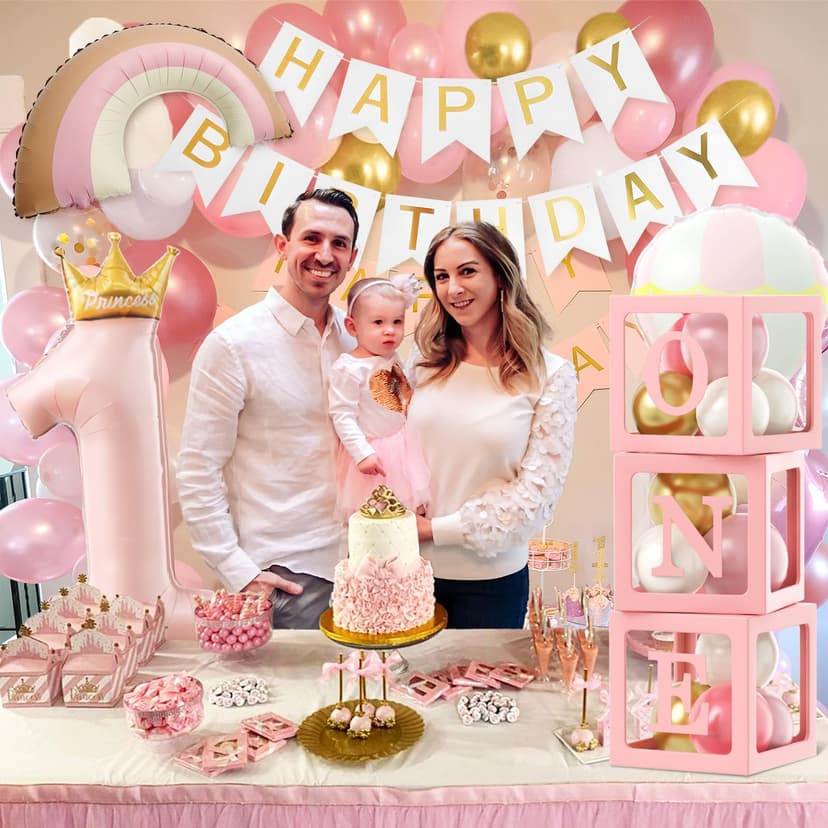 Toyssa 1st Birthday Decorations for Girls, Retro Pink Balloon Arch Kit with ONE Balloon Boxes Foil Balloons Happy Birthday Banner, First Girls Decoration Party Supplies for Kids - 4