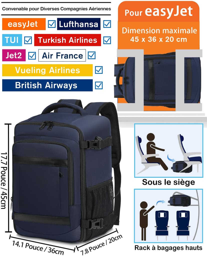 KLOSTAIN Sac à Dos Voyage Cabine Avion 45x36x20 pour Easyjet 30L Bagage Cabine Grande Bagage à Main sous Le Siège Sac à Dos Homme pour Ordinateur Portable 14 Noir - 2