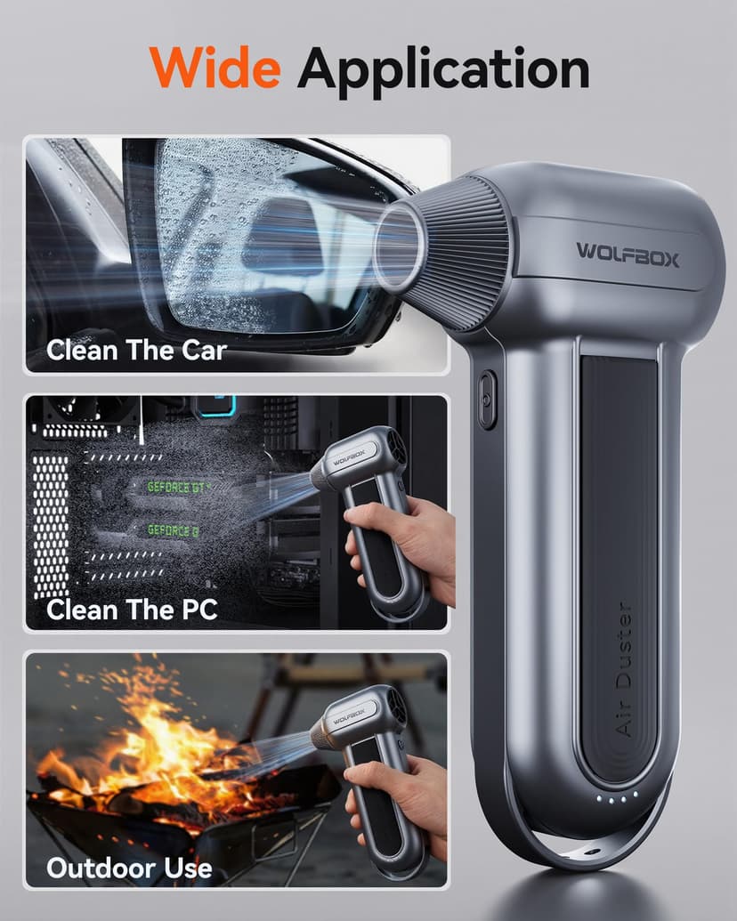 WOLFBOX MF100 Compressed Air Duster-150000RPM Super Power Cordless Air Duster, Rechargeable Brushless Motor Durable Blower, 3-Gear Adjustable Dust Blower for Computer, Keyboard, Outdoor, House and Car - 5