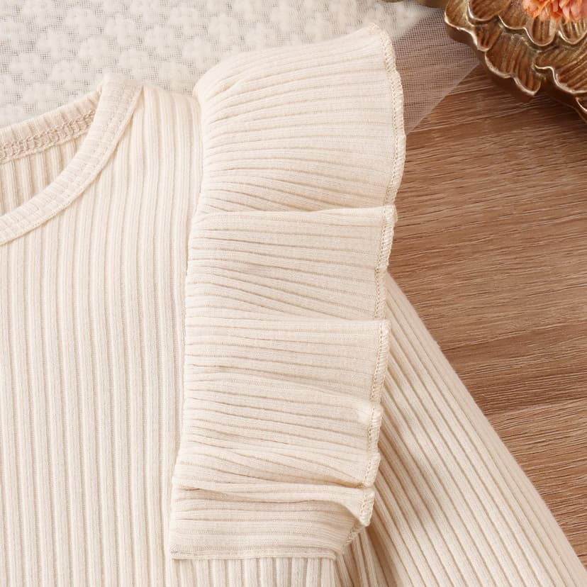 Geagodelia 2Pcs Baby Girl Outfit Clothes Set Newborn Toddler Clothing Long Sleeve Shirt Top + Skirts Spring Autumn Baby Grows 0-4 Years (Beige & Khaki, 6-12 Months) - 5