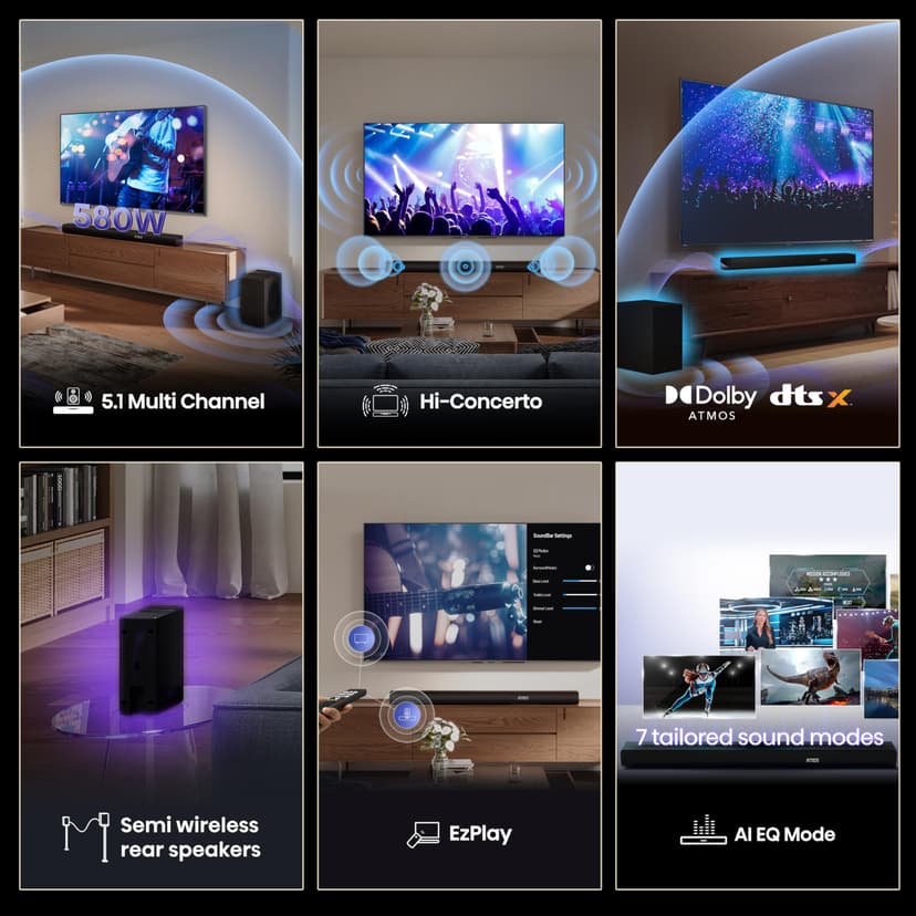 Hisense AX5100Q, 5.1 CH Soundbar,Hi-Concerto,Dolby Atmos, DTS:X, Semi wireless rear surround speakers,6.5" wireless subwoofer, EzPlay - 5