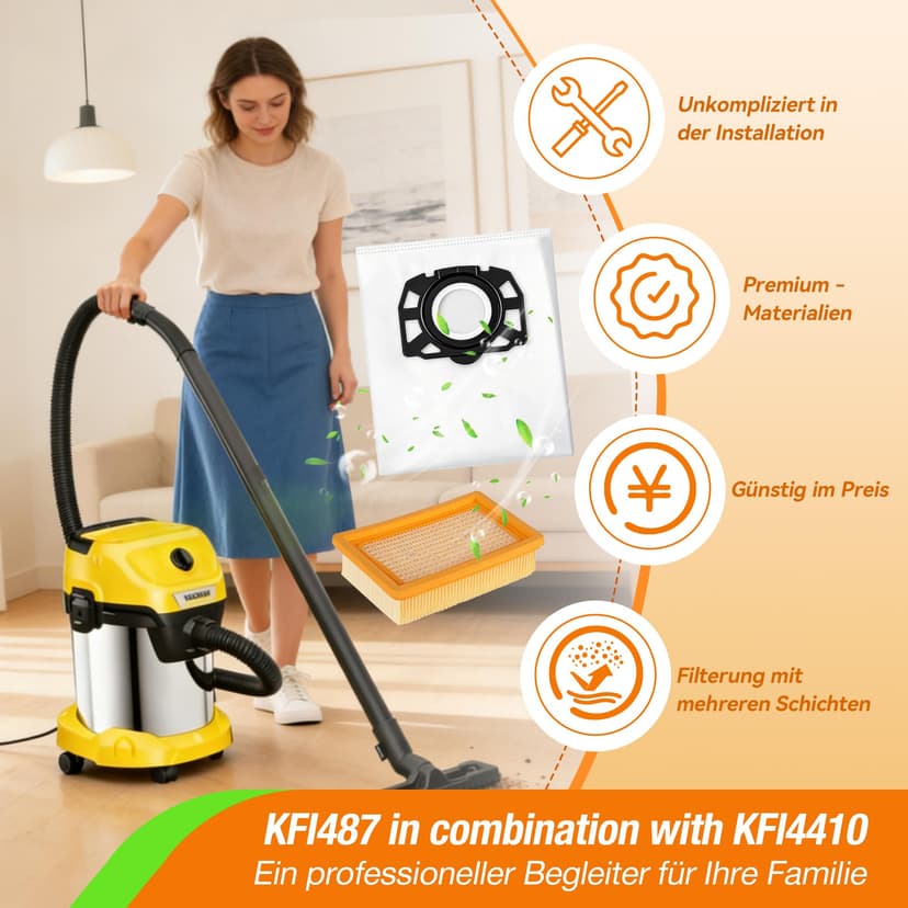 KFI 487 Vacuum Cleaner Bags with 2 Filters Replacement for Kärcher WD4 WD5 WD6 WD5 P WD6 P MV4 MV5 MV6, Fleece Filter Bags for Kärcher 2.863-006.0, Filter Set KFI 4410 Filter (2.863-005.00) Pack of 10 - 6