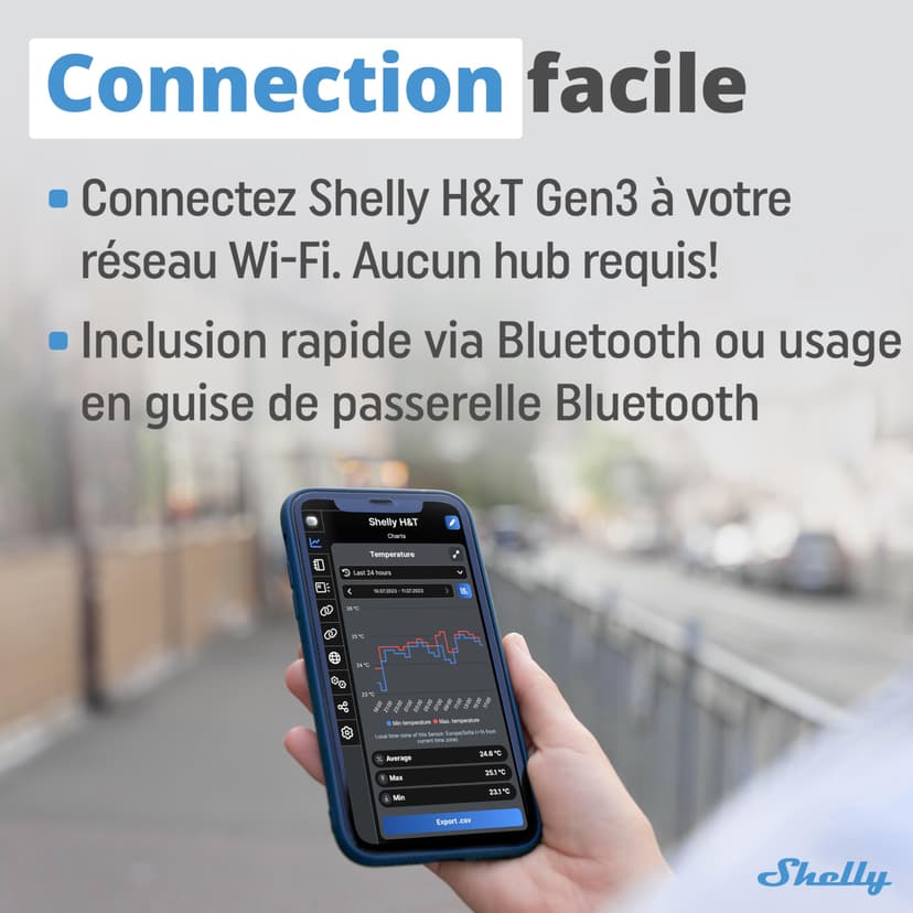 Shelly H&T Gen3 Noir - Capteur de température et d'humidité connecté, Thermomètre & Hygromètre intérieur/extérieur Wi-Fi, Écran eink, Horloge digitale, App iOS & Android - 3