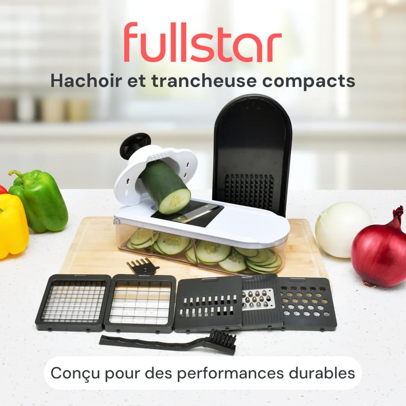Fullstar Coupe Legumes Multifonctions et Mandoline - Trancheur ou Découpe Cube Oignons Carottes Concombres Frites Fruits - Rapeuse Legume et Fromage - Cuisine Accessoires (Compact 6-en-1 Blanc) - 2