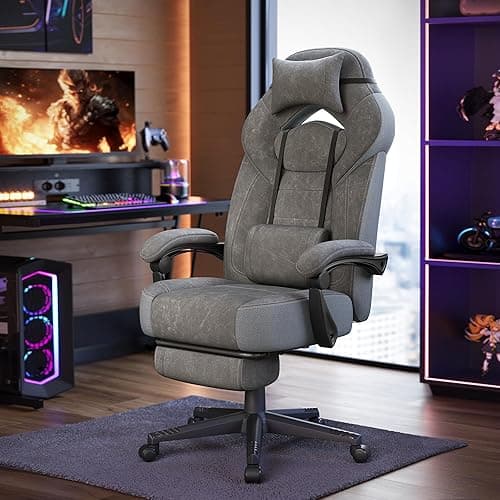 SONGMICS Gaming Chair, Office Computer Chair, Ergonomic Design, with Footrest, Adjustable Headrest, Lumbar Support, 150 kg Load Capacity, Slate Grey OBG077G01