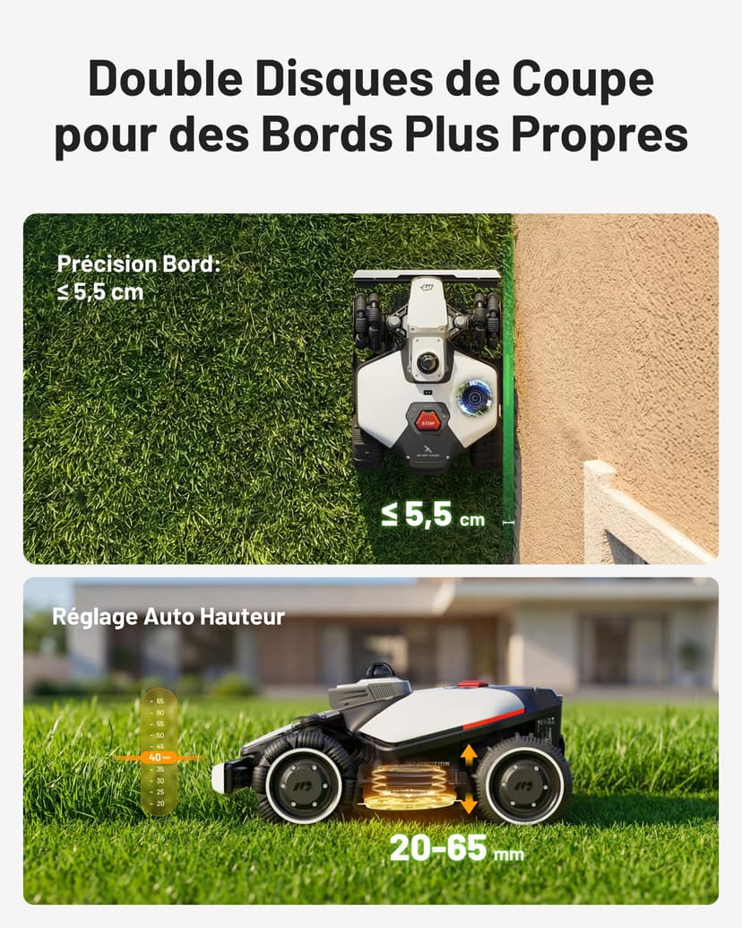 MAMMOTION LUBA Mini 2 AWD 1500 Robot Tondeuse sans Fil avec Mini Garage et Support de Nettoyage, 360° LiDAR & Double Caméra IA, Disque de Bordure, Hauteur Auto, Pente 80%, DropMow, Gestion Multizone - 4