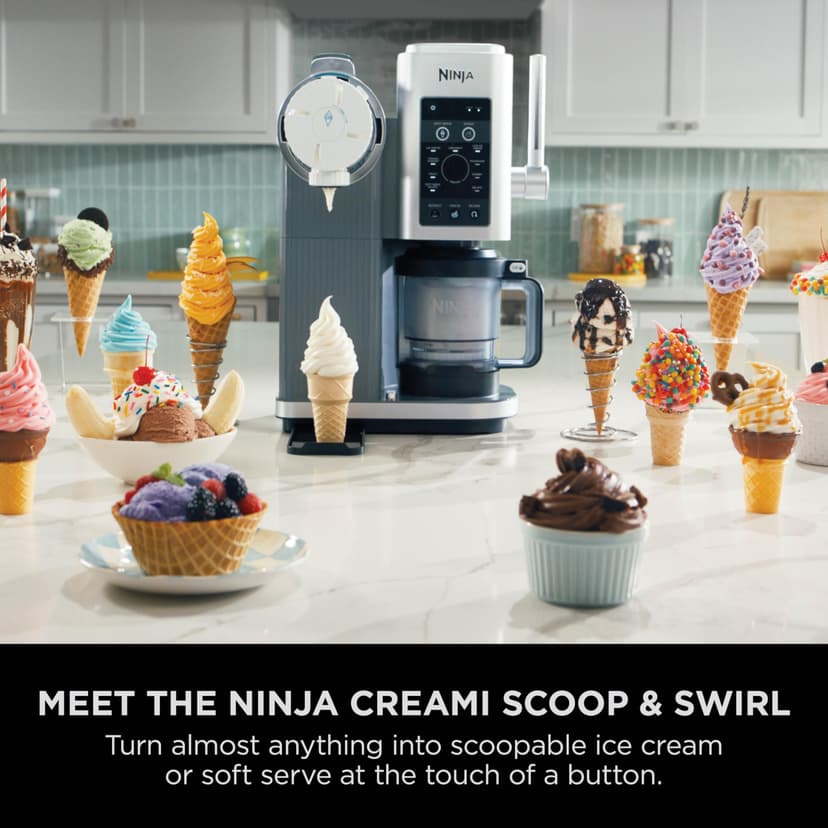 Ninja CREAMi Scoop and Swirl Soft Serve and Ice Cream Maker with 2x Tubs, 13 Functions, Makes Ice Cream, Soft Serve, Gelato, Sorbet, Milkshakes and More, Mix-In Option, Platinum Silver, NC701UK - 2