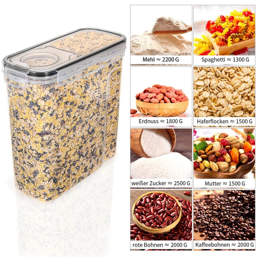 L LONGANCHANG 4 Pack Airtight Food Storage Canisters with Lids - 4 Litre BPA Free Kitchen Storage Container - Moth Proof - Flour Organizer Spaghetti Cornflakes with Labels - 4