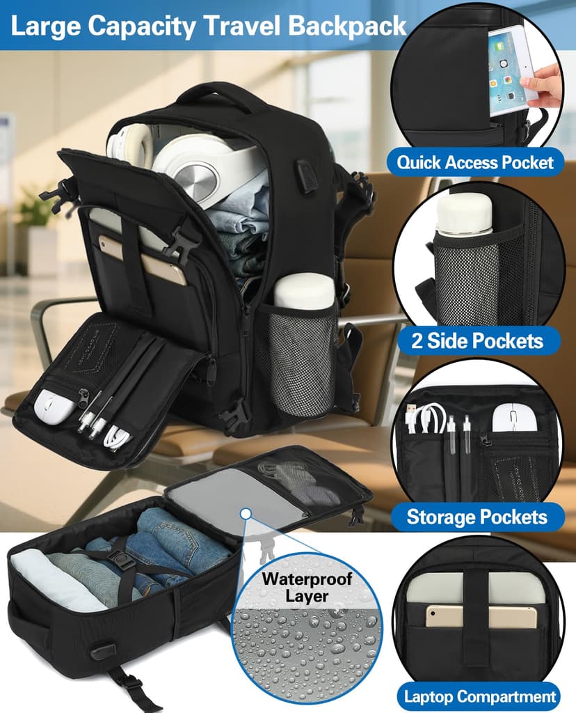 KLOSTAIN for Easyjet Cabin Bag 45x36x20 Travel Backpack Hand Luggage Carry-ons Bag Laptop Backpack Ruscksack for Airplanes Flight New Easyjet Underseat Cabin Bags Fit 14" Laptop Black - 4