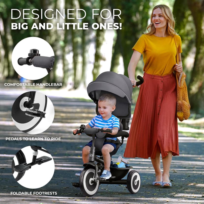 Kinderkraft Aston Tricycle, Baby Push Trike, Kids First Bike, Free Wheel Functions, Parenthandle, Footrest, Accessories, Bag, Cupholder, from 9 Months to 5 Years, Green - 3