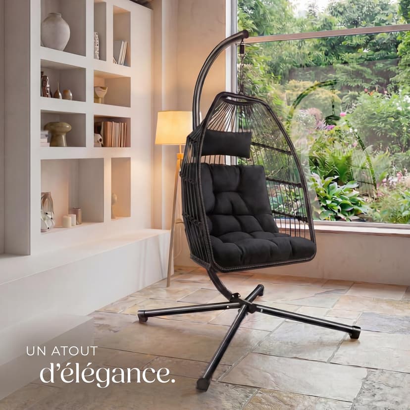 tectake® Fauteuil Oeuf Suspendu Chaise hamac Balancoire Cocooning Confortable Pliable Résistant, Fauteuil Relax avec Structure en Acier & Coussin Épais - 9
