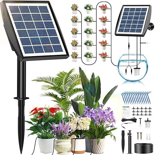 Solar Irrigation System, Automatic Watering System with Lack of Water Alarm, with Timer and 15 m Hose, for Garden, Balcony, Plants, Outdoors, Vegetables