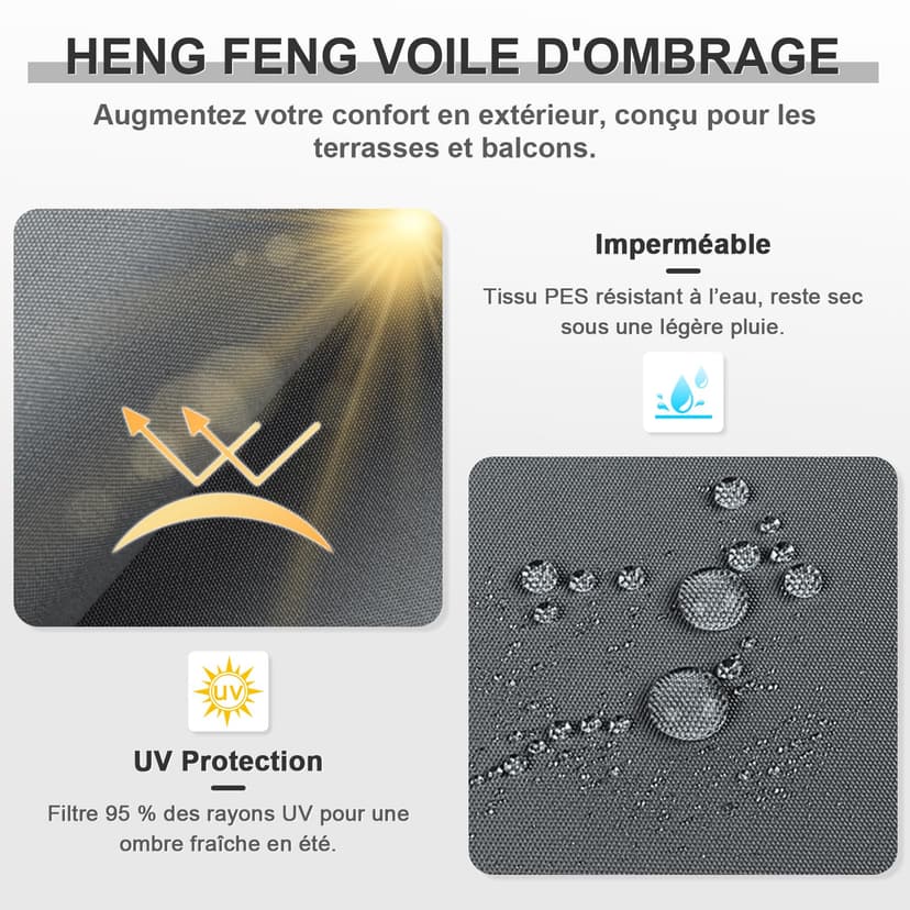 HENG FENG Sun Shade Sail Triangle 3x3x3m Waterproof PES Polyester Canopy Awning Sunscreen with 95% UV Block for Outdoor Patio Garden Anthracite - 3