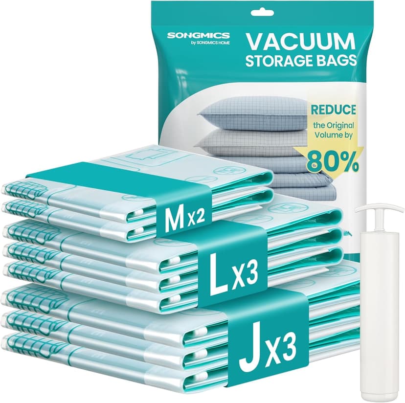 SONGMICS Vacuum Storage Bags, Vacuum Seal Suction Bags for Clothes Bedding Travel, Space Saver Reusable, with Hand Pump, 8 Pack, 2M/3L/3J, Transparent LVB105W101 - 1