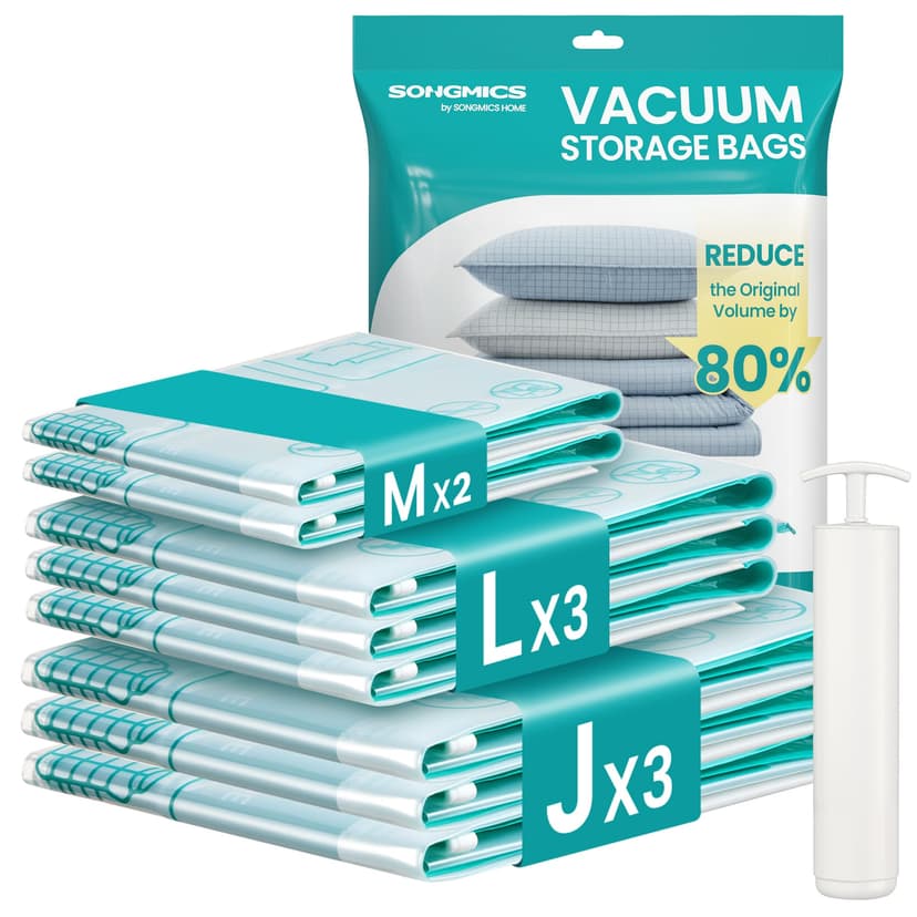 SONGMICS Vacuum Storage Bags, Vacuum Seal Suction Bags for Clothes Bedding Travel, Space Saver Reusable, with Hand Pump, 8 Pack, 2M/3L/3J, Transparent LVB105W101 - 1