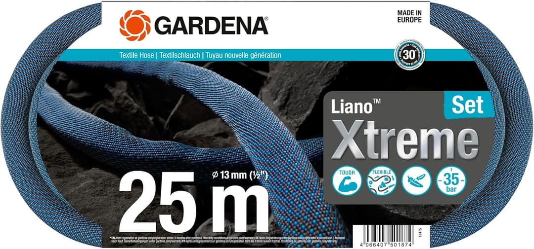 Gardena Liano Xtreme 1/2 pollici, set da 25 m: tubo da giardino in tessuto molto robusto, per rubinetti interni, con tubo interno in PVC, peso ridotto, resistente alle intemperie (18475-20)