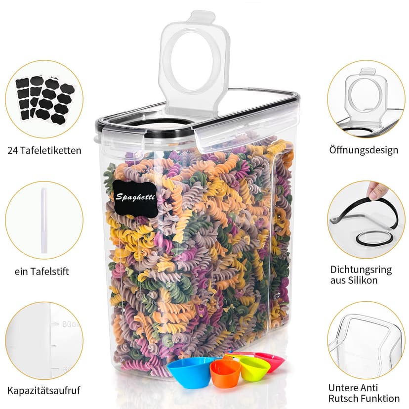 L LONGANCHANG 4 Pack Airtight Food Storage Canisters with Lids - 4 Litre BPA Free Kitchen Storage Container - Moth Proof - Flour Organizer Spaghetti Cornflakes with Labels - 3