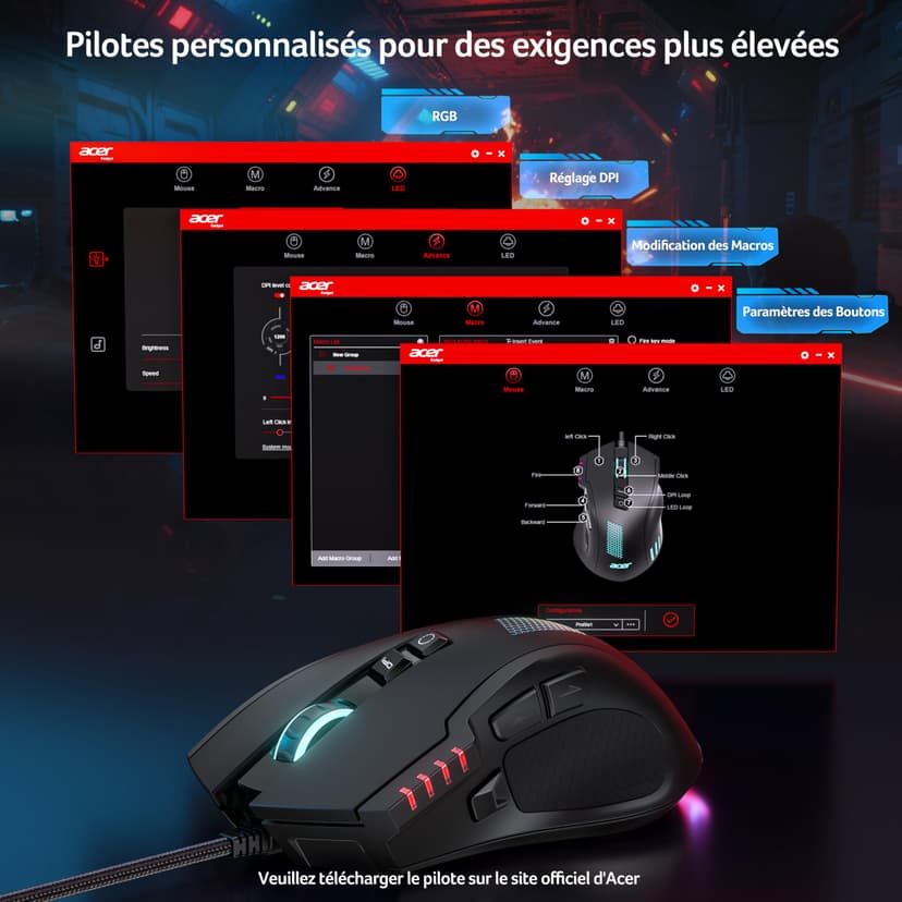 acer Wired Gaming Mouse, 12800 DPI Mouse Gaming RGB, 1000Hz Polling Rate, 8 Programmable Button, 12 Backlights, High Precision, Rapid Fire, Ergonomic Computer Mouse with Driver for Laptop, PC, Mac - 5