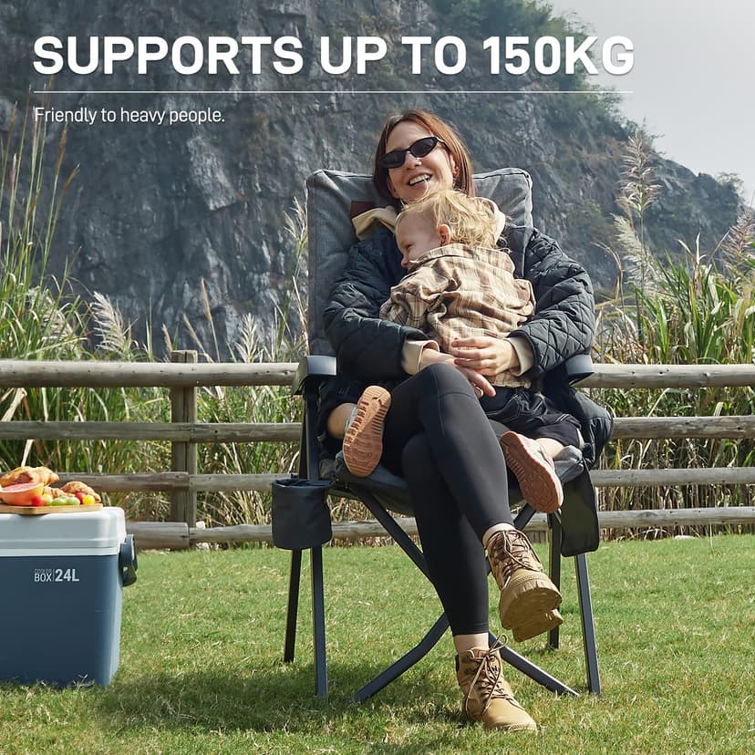 EVER ADVANCED Luxury Camping Chairs for Adults Heavy Duty Loadable 150kg High Back Oversized Folding Garden Chair Padded 6cm Comfy with Cup Holder Side Pocket Dining Chairs 4-Position Recliner - 3
