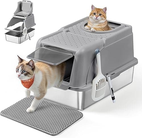 Feandrea Stainless Steel Cat Litter Box with Flip Lid, XL Enclosed Litter Box with Leak-Proof Design, Scoop, Brush, Dual Entry, for Cats up to 15 kg, Dove Grey PPT005G01