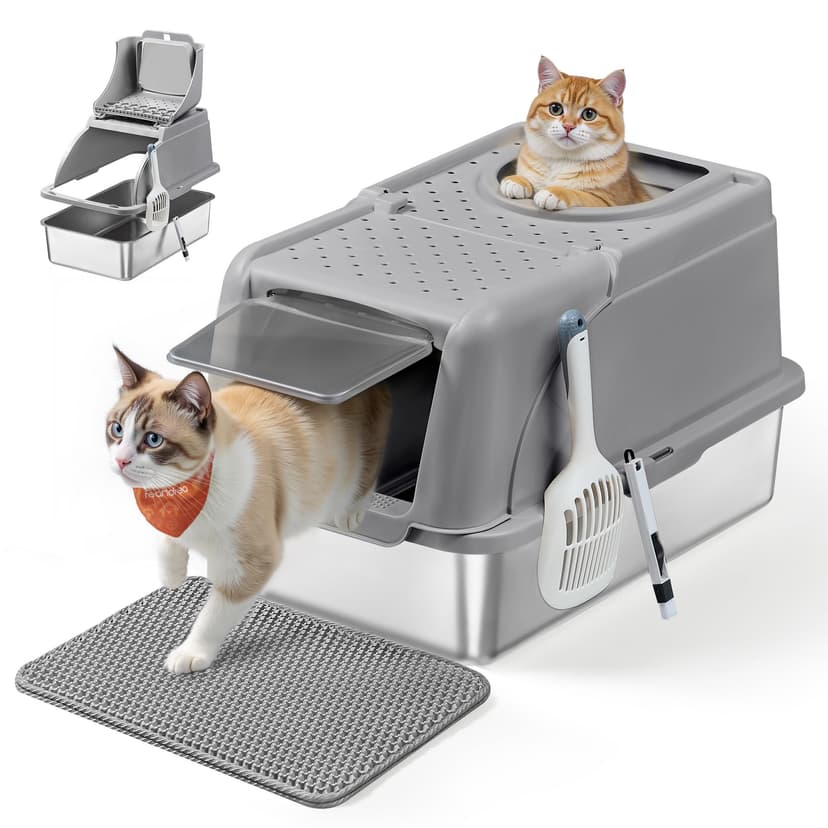 Feandrea Stainless Steel Cat Litter Box with Flip Lid, XL Enclosed Litter Box with Leak-Proof Design, Scoop, Brush, Dual Entry, for Cats up to 15 kg, Dove Grey PPT005G01 - 1