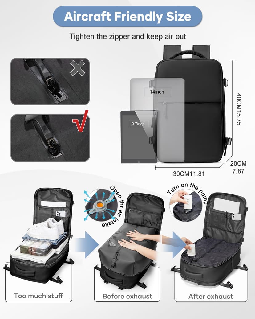 SZLX Sac à Dos Sous Vide Voyage 40x30x20 avec pompe Bagage Cabine Ryanair Wizz air Sous Vide Baggage Cabine 40x20x25 pour Ryanair Bagage à Main 45x36x20 Easyjet Sac Ordinateur Portable Femme Homme - 2