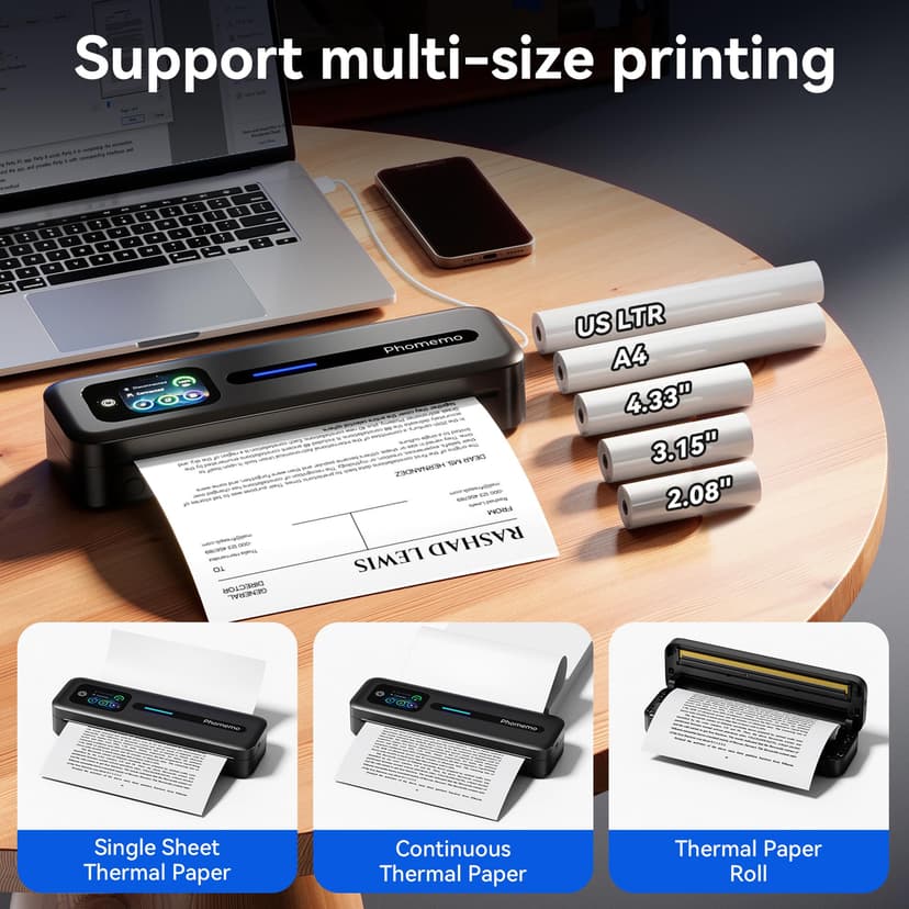 Phomemo M832D Portable Thermal Printer, A4 Touchscreen Bluetooth Inkless Printer for Home & Office, 300dpi Mobile Printers Compatible with Phone & Laptop, Wireless Printers for Business Trip, School - 7