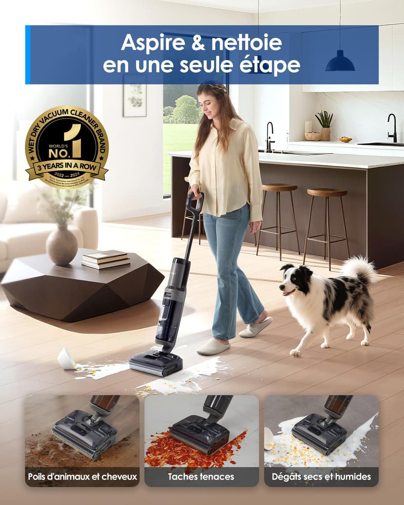 Tineco Floor One i6 Stretch Aspirateur Laveur sans Fil, Aspirateur Sec et Humide, Aspiration Puissante 20 kPa, portée à Plat 180°, Nettoyage Deux Bords, 40 Min d'autonomie, séchage 5 Min 85°C - 2