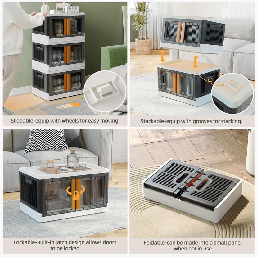 NETEL 4x 45L Empilable Boîte de Rangement avec Couvercle et Verrouillable Porte, Pliable Bac de Rangement Plastique avec Roulettes, Grande Caisse Rangement Organisateur pour Cuisine, Salon et Chambre - 4