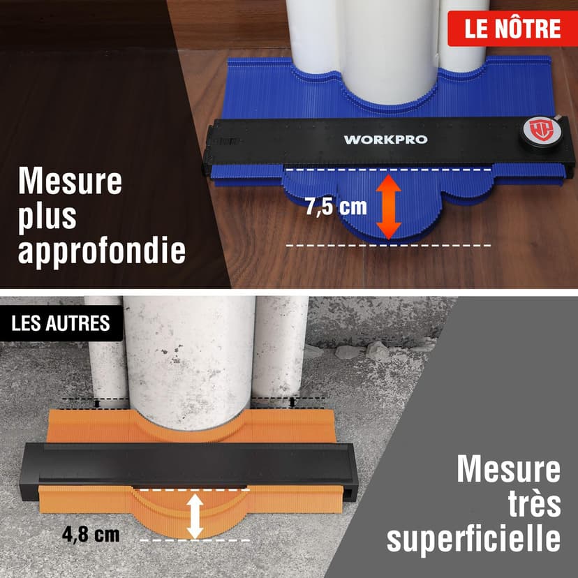 WORKPRO Jauge de Contour Connectable 25+25 cm, Duplicateur de Profil avec Verrouillage, Copie Précise des Formes Irrégulières, Outil de Traçage pour Menuiserie, Parquet, Moquette et Carrelage - 6