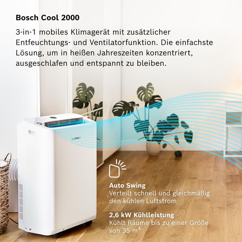 Bosch Cool 4000 Portable AC - 3-in-1: Air conditioning, dehumidifier, fan - 2.6 kW for rooms up to 35 m² - With automatic mode, silent mode & sleep mode (48 db (A)) [Energy class A+]. - 2