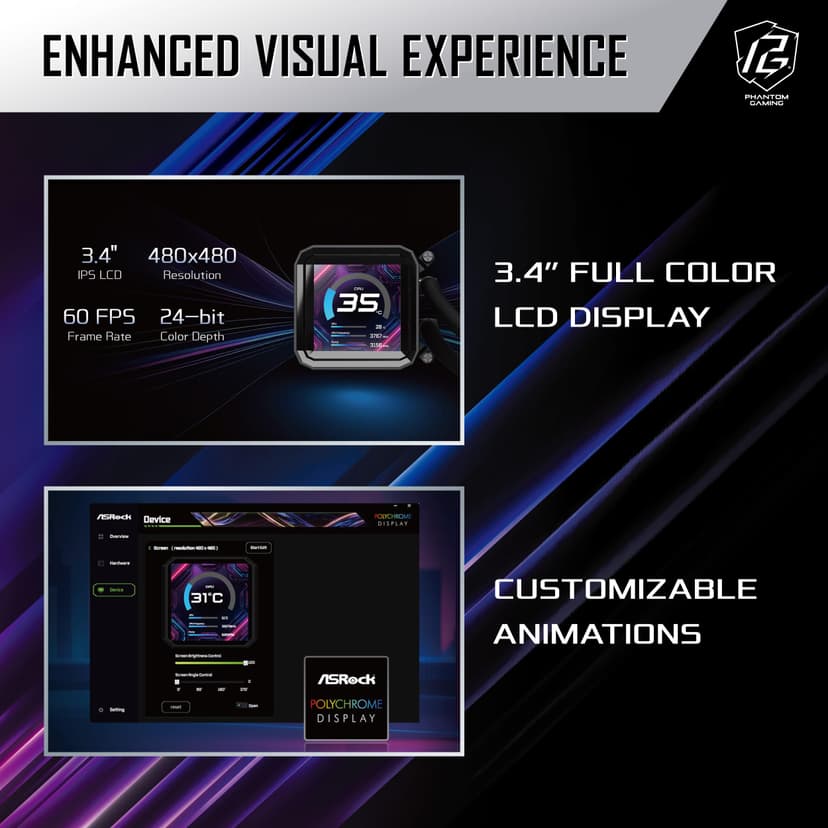 ASRock Phantom Gaming 360 LCD All-in-One CPU Liquid Cooler, 3.4" Full-Color LCD Display, 3-Phase Pump, Dual-Inlet, 360mm Radiator, 0dB Mode, 6-Year Warranty - 3
