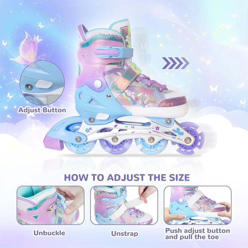 Patins à roues alignées papillon et fleur pour filles et garçons – Rose rouge pour adolescents de 7, 8, 9, 10 ans – Toutes roues lumineuses réglables pour sports d'intérieur et d'extérieur, cadeau - 5