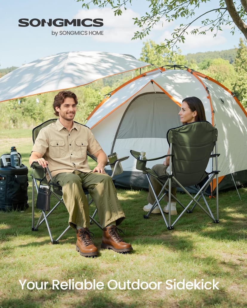 SONGMICS Set of 2 Camping Chairs, Folding Outdoor Chairs with Wide Seat and High Back, Portable Garden Picnic Chairs with Cup Holder, Phone Holder and Side Pocket, Green and Grey GCB005CD01-2J - 2