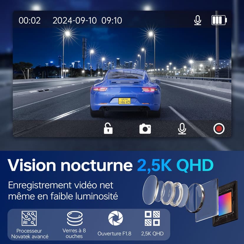 Caméra Embarquée Voiture 2.5K QHD Avant/Arrière - Double Objectif, Écran IPS 3,39 - Grand Angle 160°, Vision Nocturne, Mode Parking 24h/24 (Argenté Gris) - 7