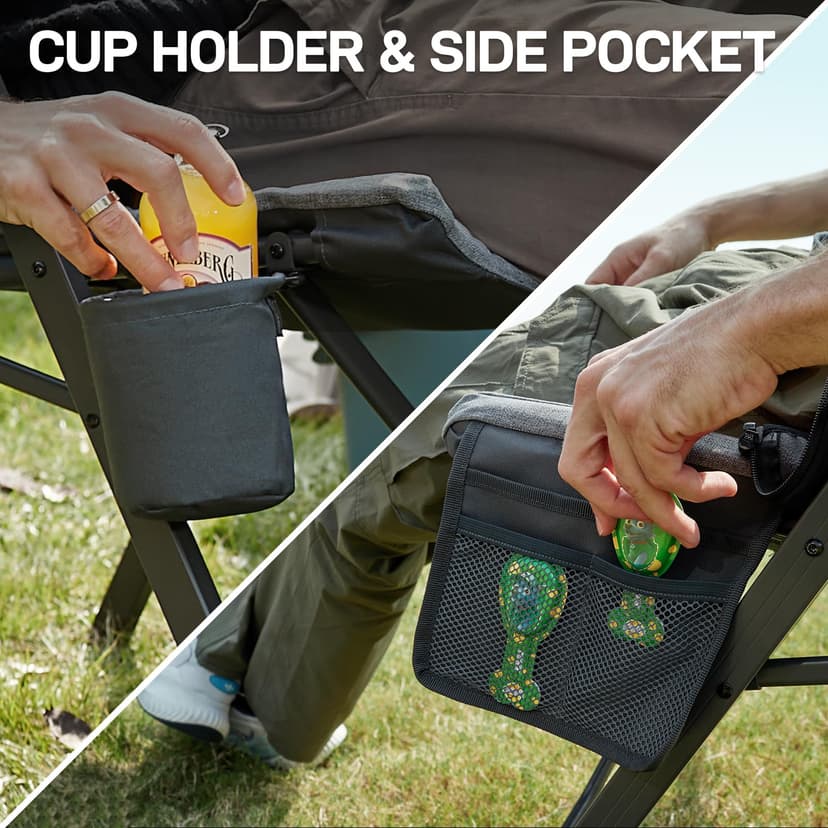 EVER ADVANCED Luxury Camping Chairs for Adults Heavy Duty Loadable 150kg High Back Oversized Folding Garden Chair Padded 6cm Comfy with Cup Holder Side Pocket Dining Chairs 4-Position Recliner - 7