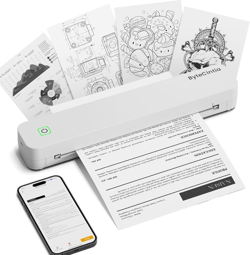 ByteCintia Portable Printer for Travel, C80 Bluetooth Thermal Printer Supports A4 8.5 x 11 Inch US Letter, Inkless Printe Compatible with Android and iOS & Laptop for Office, Car and Home, White - 1