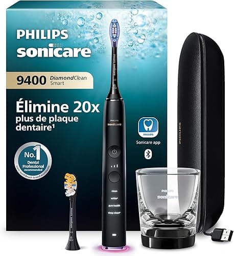 Philips Sonicare DiamondClean Smart 9400 Electric Toothbrush, Sonic Toothbrush with App, Pressure Sensor, Brush Head Detection, 4 Cleaning Modes and 3 Intensity Levels, Black, Model HX9917/89