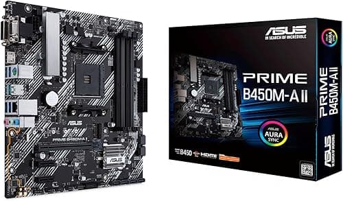 ASUS PRIME B450M-A II, AMD B450 (Ryzen AM4) Micro ATX Motherboard with M.2 Support, HDMI/DVI-D/D-Sub, SATA 6 Gbps, 1 Gb Ethernet, USB 3.2 Gen 2 Type-A, BIOS FlashBack™, Aura Sync RGB Lighting Support