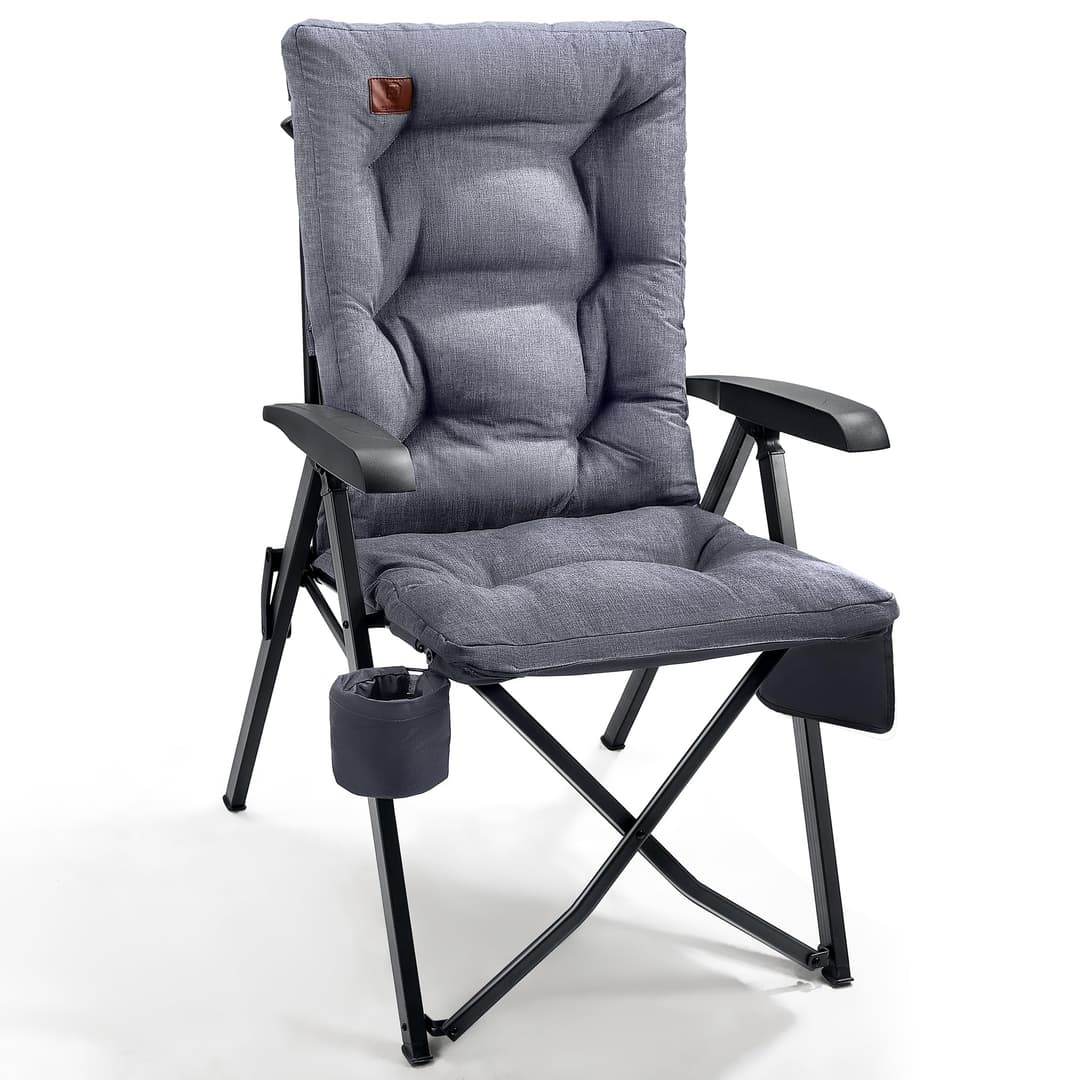 EVER ADVANCED Luxury Camping Chairs for Adults Heavy Duty Loadable 150kg High Back Oversized Folding Garden Chair Padded 6cm Comfy with Cup Holder Side Pocket Dining Chairs 4-Position Recliner