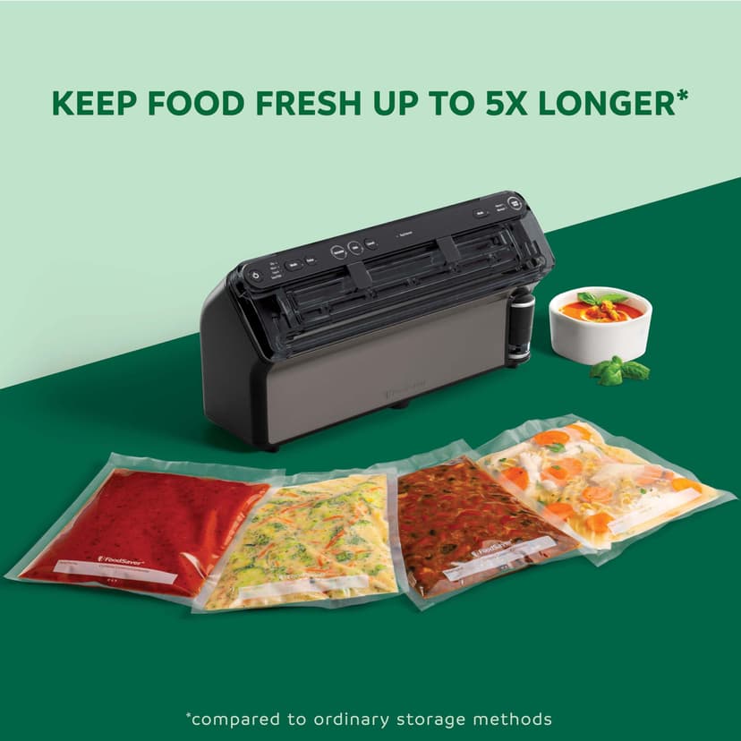 FoodSaver Scelleuse Elite Tout-en-un Liquide+ | Des aliments frais jusqu’à 5x plus longtemps* | Scellage liquide | Avec 1x rouleau (28 cm x 2,43 m) & 4 x Sacs de scellage sous vide (0,94 l & 3,78 l) - 3